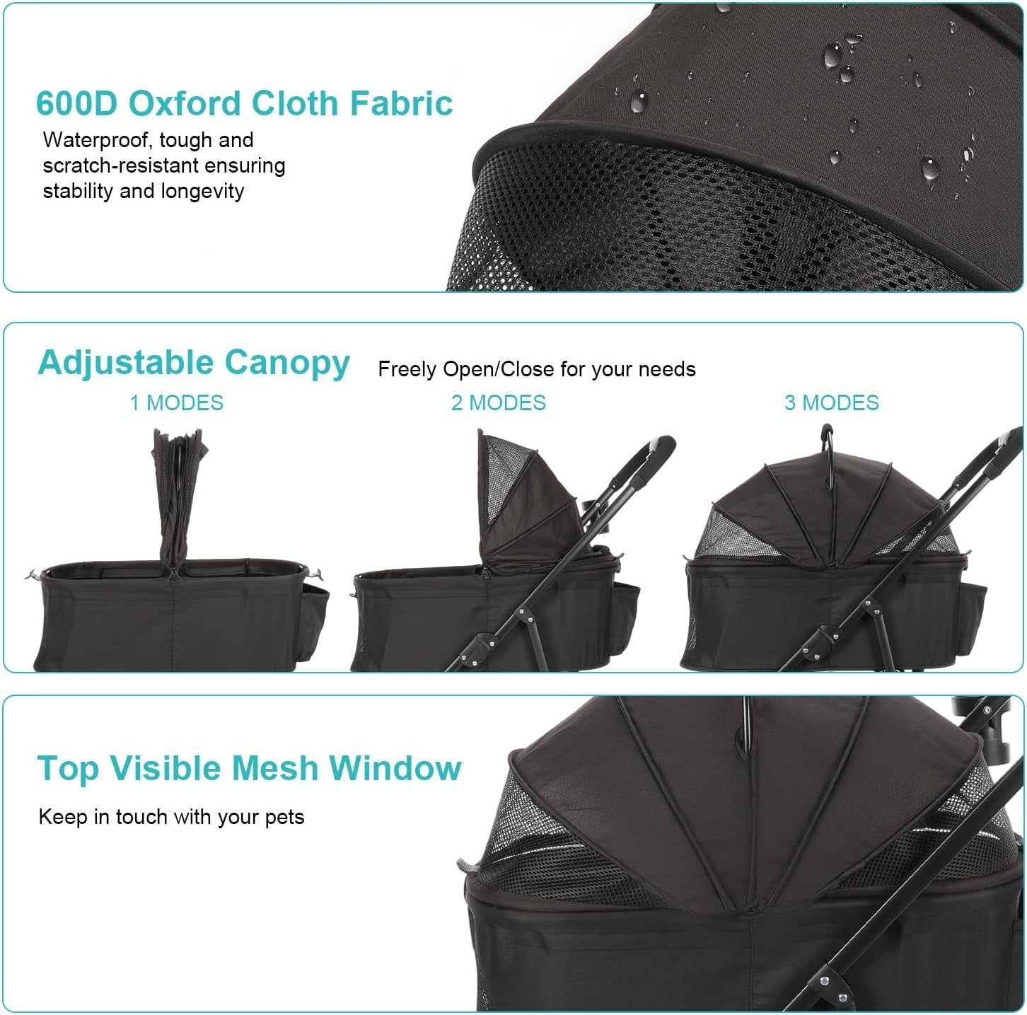 Black 3 in 1 Dog Stroller Medium Pets Foldable Pushchair 4 Wheel Buggy