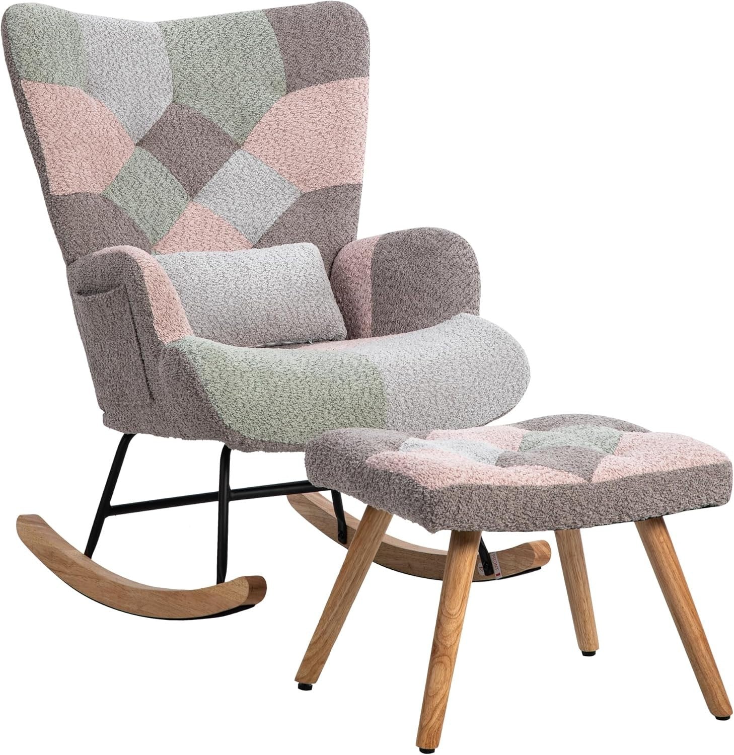 Patchwork Wingback Rocking Chair with Ottoman - Comfy, Stylish & Sturdy