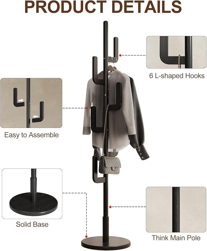 Black Wooden Coat Rack Stand | Modern Cactus Design Hall Tree with 6 Hooks