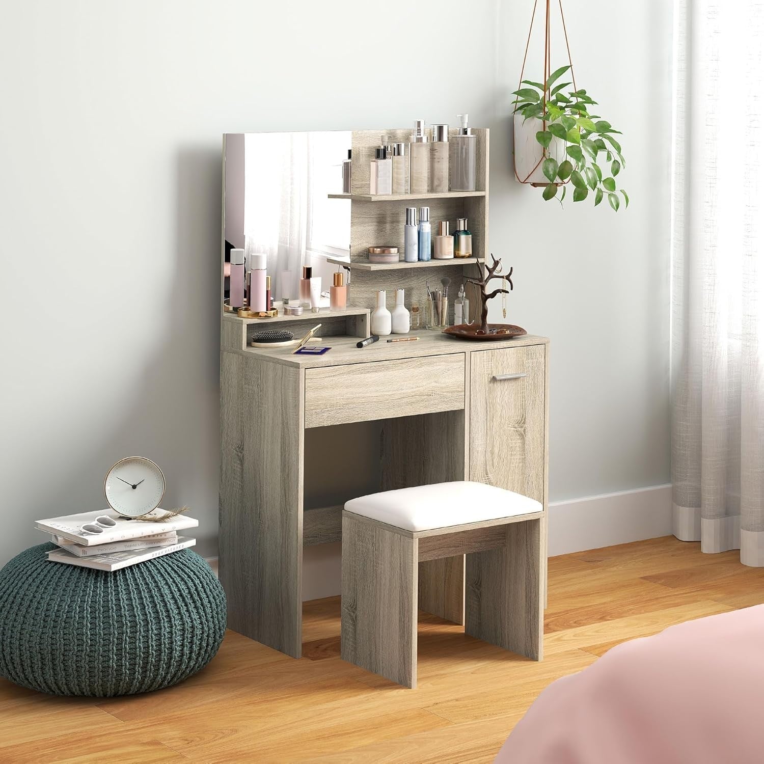 Natural Wood Dressing Table Vanity Set Mirror Stool Cabinet Drawer Makeup Storag