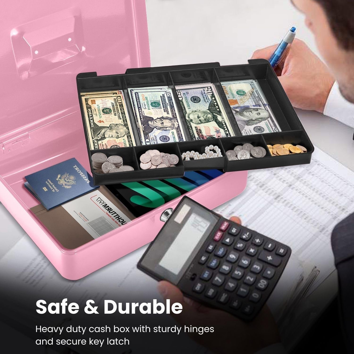 Pink Cash Box with Lock 9 Compartment Money Tray Portable Storage