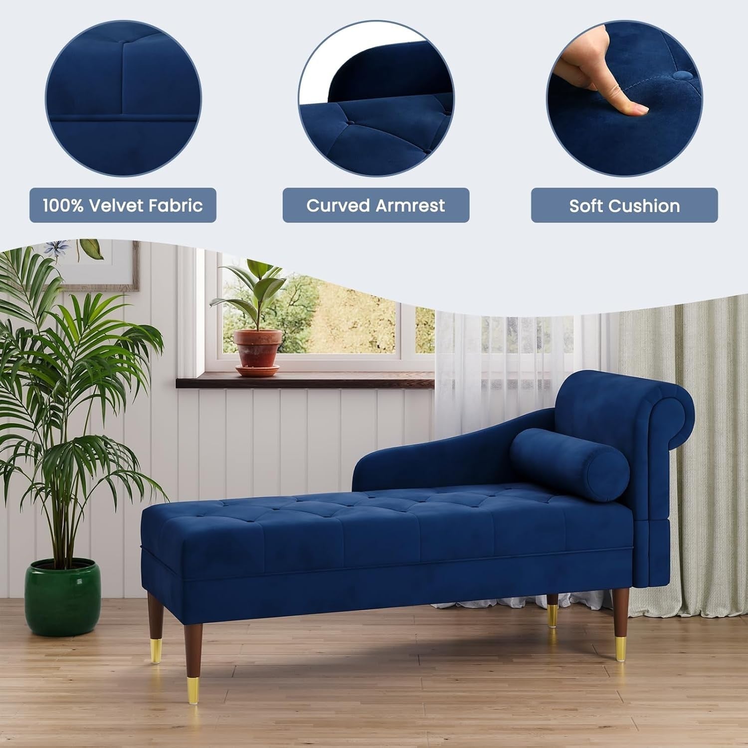 Luxury Blue Velvet Chaise Lounge Sofa Right Armrest – Space-Saving & Comfy