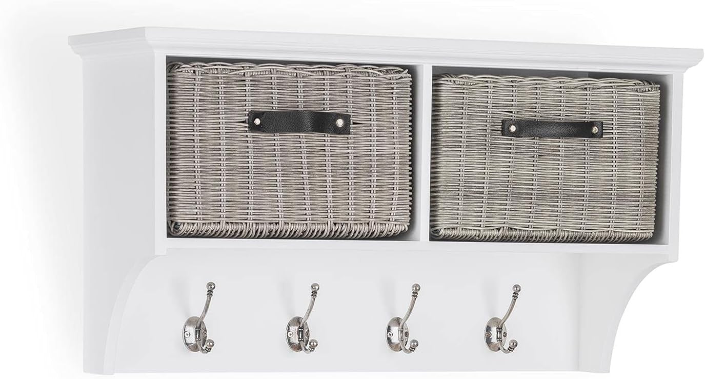 White Wall Mounted Coat Rack with Grey Baskets Hallway Storage Shelf Hooks