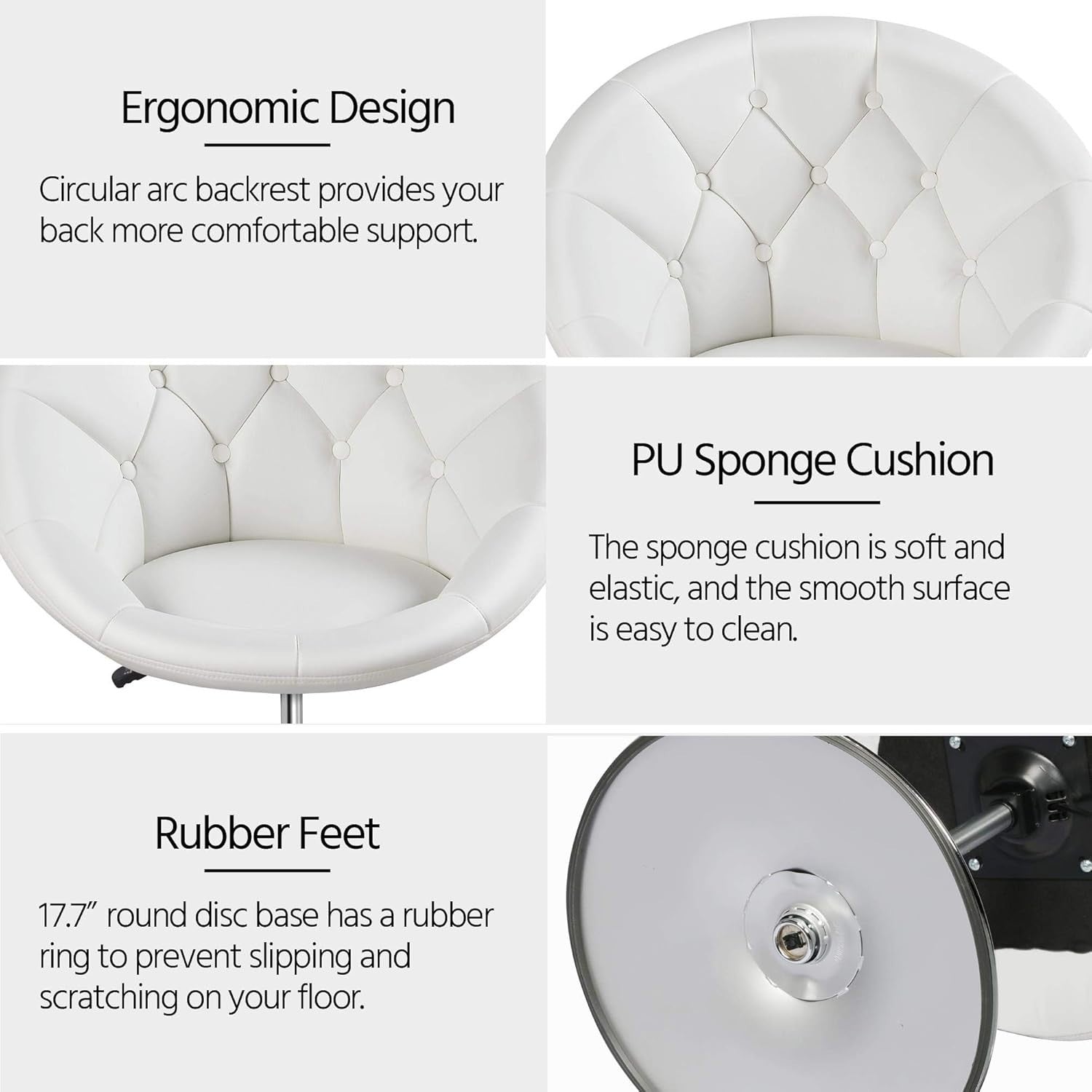 White PU Leather Swivel Vanity Chair Adjustable Tufted Armchair for Makeup