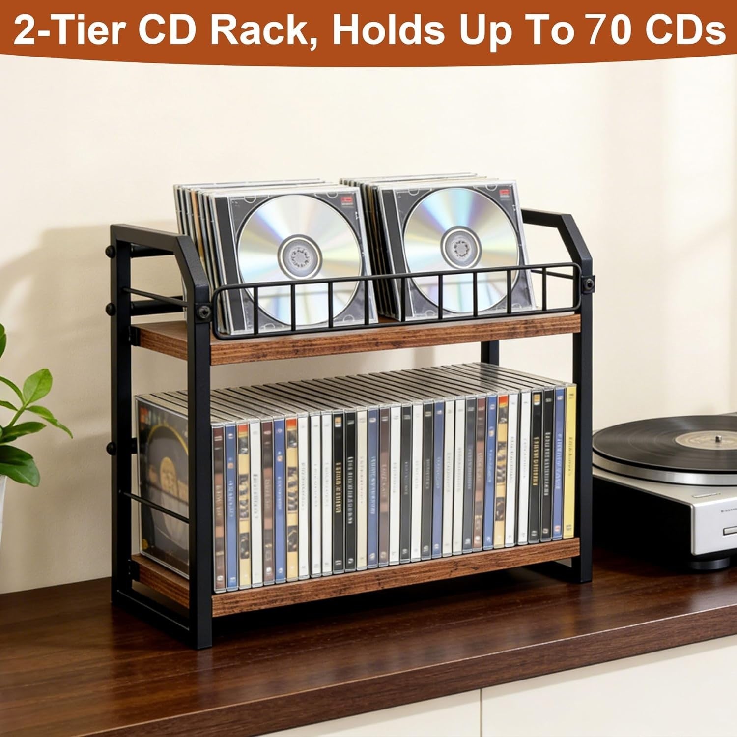2 Tier CD DVD Storage Rack Wooden Media Organizer Holds 70 Discs Brown