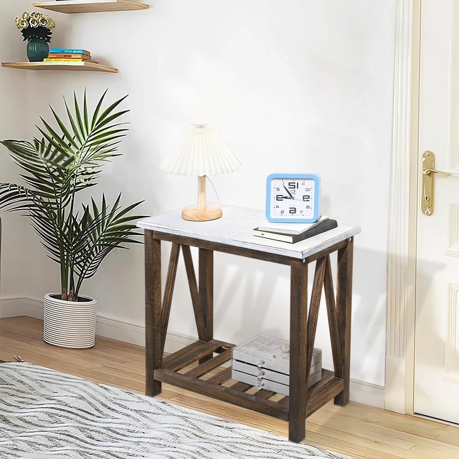 Rustic White & Brown Farmhouse Side Table with Storage Shelves, Compact Nightsta