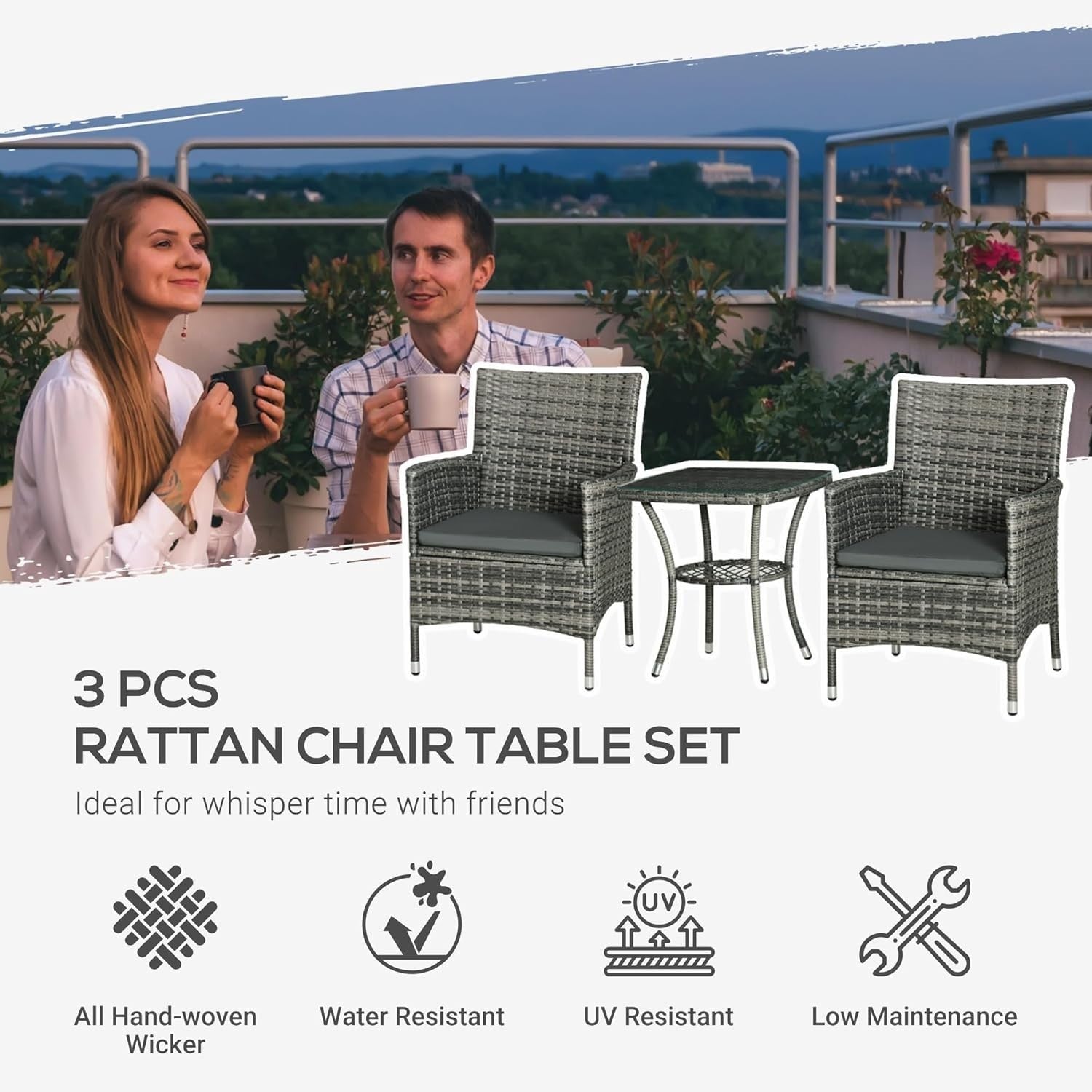 Compact Rattan Bistro Set 2 Chairs Table Cushioned Balcony Patio Seating