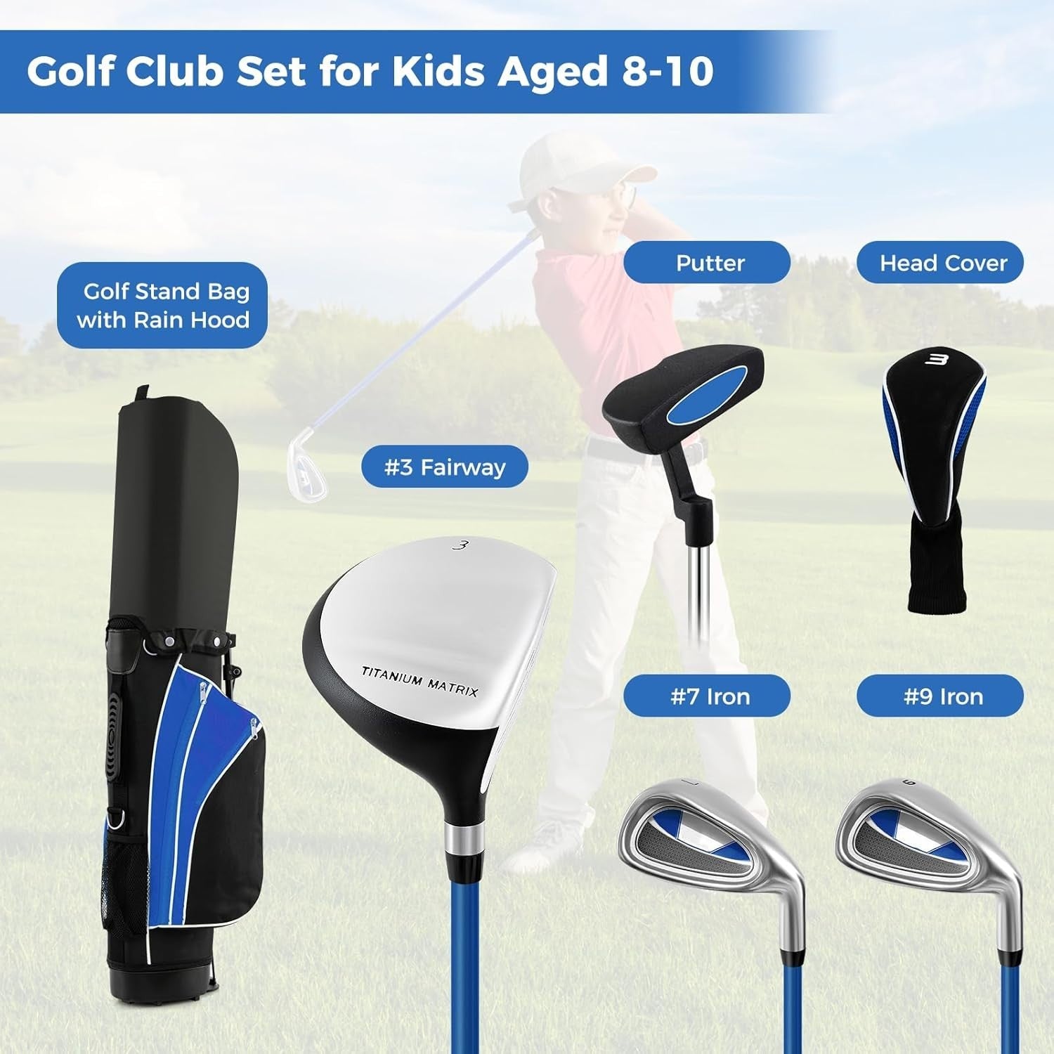 Junior Golf Club Set Right Hand Kids Fairway Irons Putter Stand Bag