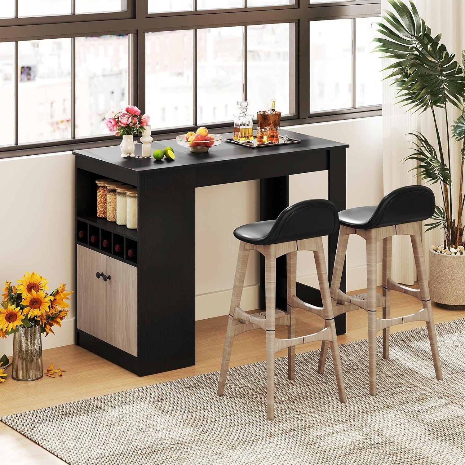 120cm Counter Height Bar Table with Storage, Wine Rack & Adjustable Shelf Unit