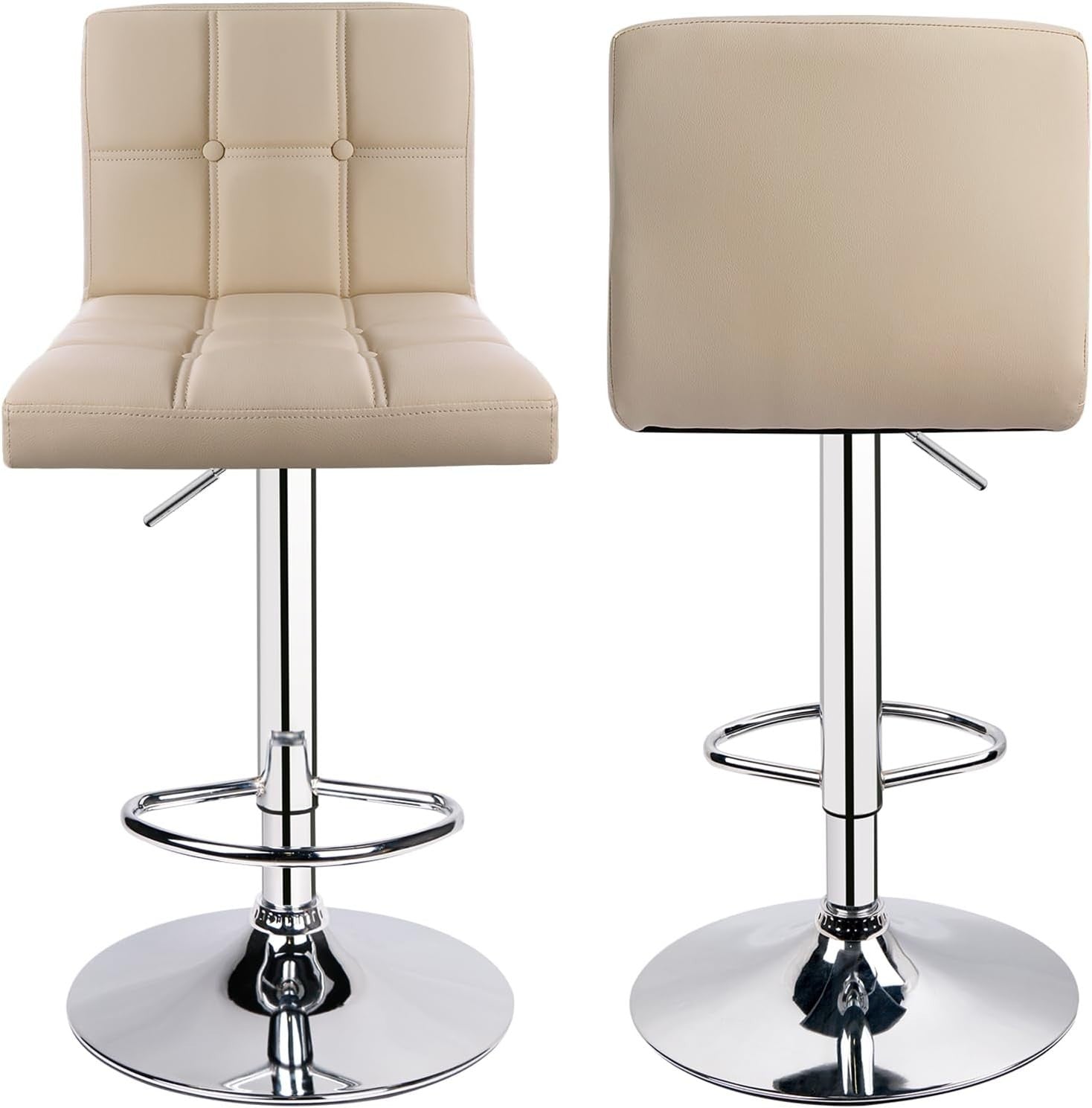 Adjustable Beige PU Leather Bar Stools Set of 2 | Swivel Counter Chairs