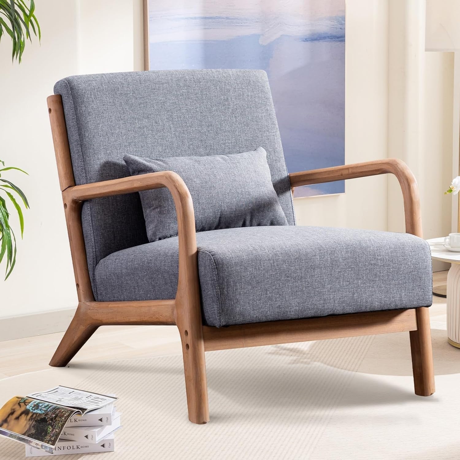 Modern Mid-Century Accent Armchair Grey High Back Foam Cushion Wood Legs