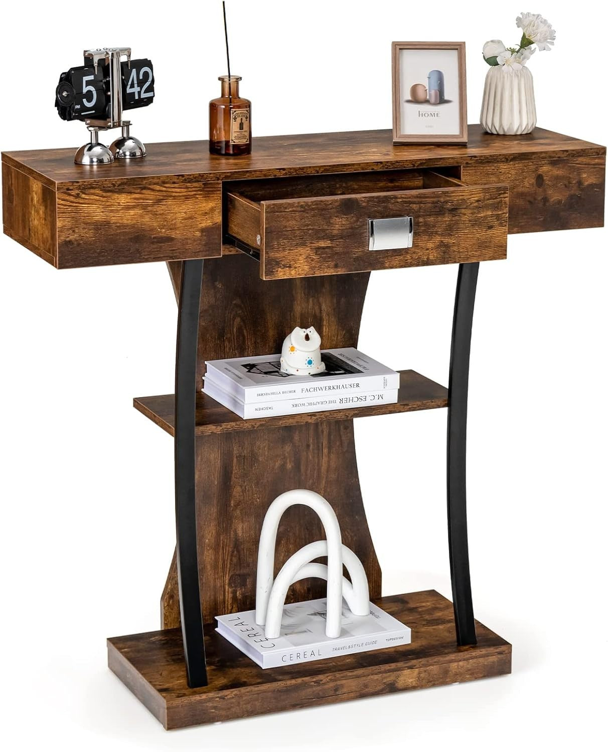 Rustic Brown Console Table with Drawer & Shelves – Slim Storage Solution