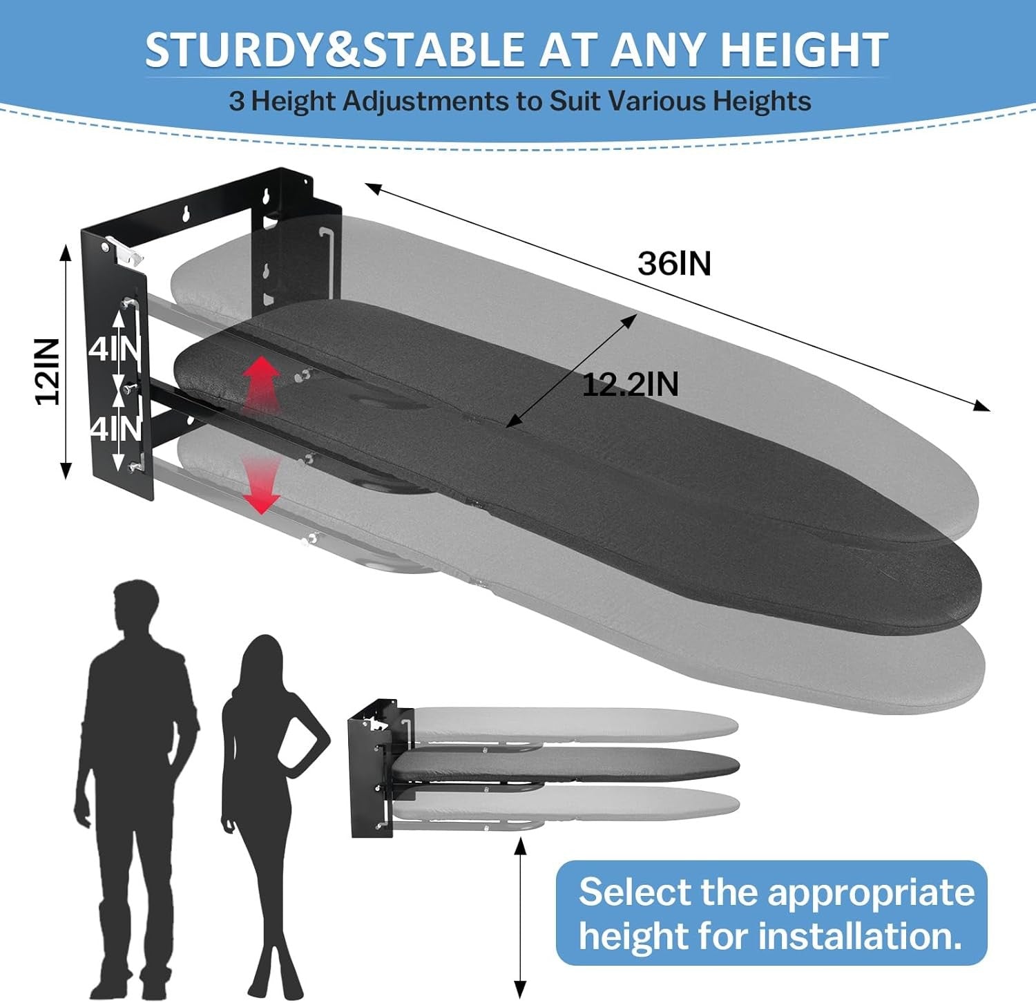Wall Mounted Folding Ironing Board Height Adjustable Space Saving 36x12in