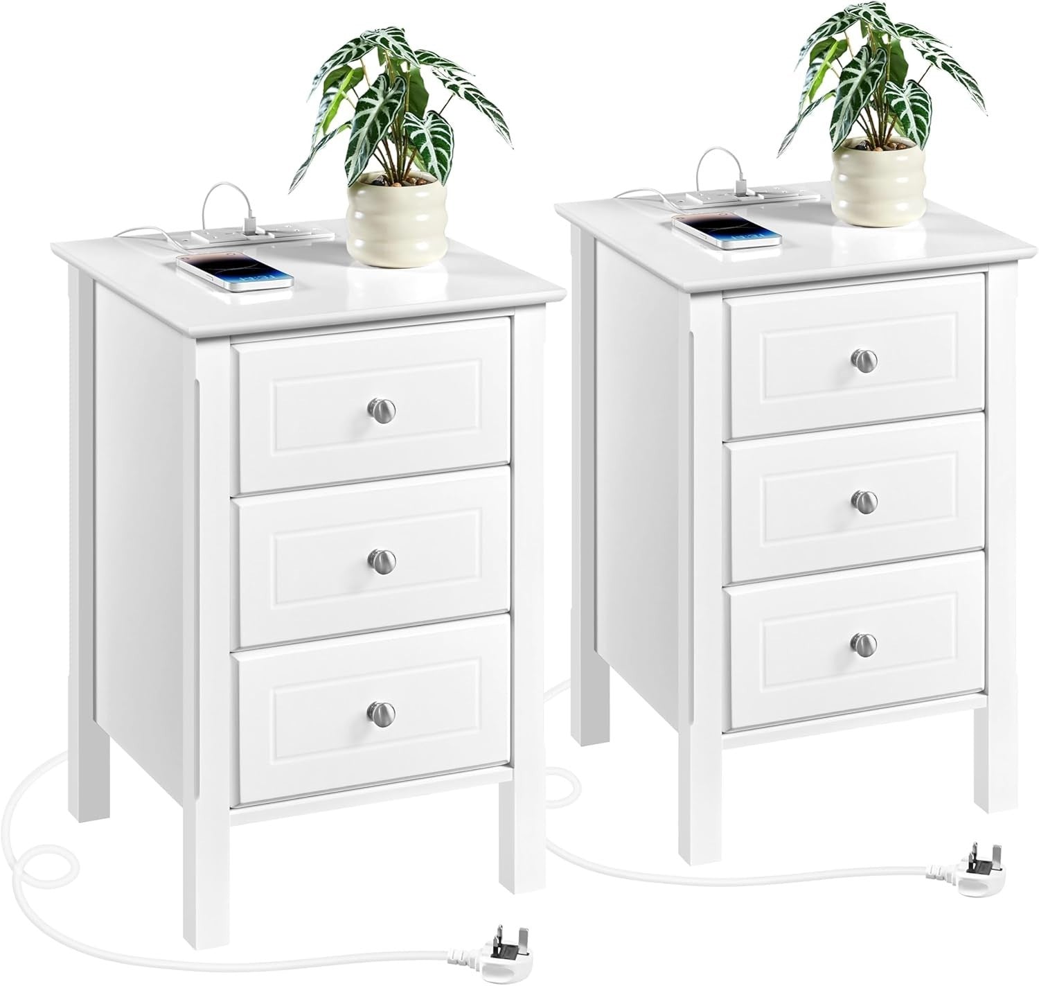 Drawer Bedside Table with Charging Station & USB Ports – White Modern Nightstand