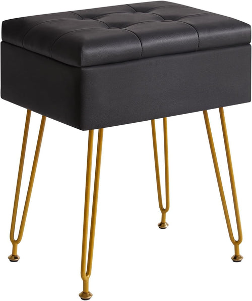 Black PU Leather Vanity Stool with Storage & Flip Tabletop – Metal Legs