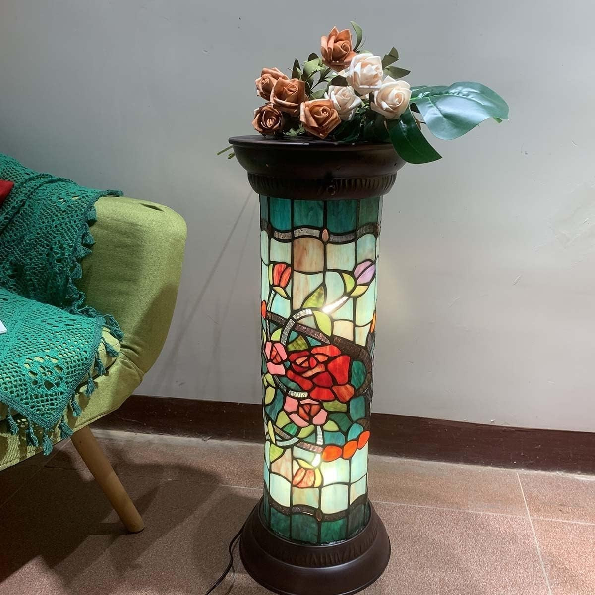 Rose Stained Glass Floor Lamp, 28" Antique Tiffany Style Pedestal Light