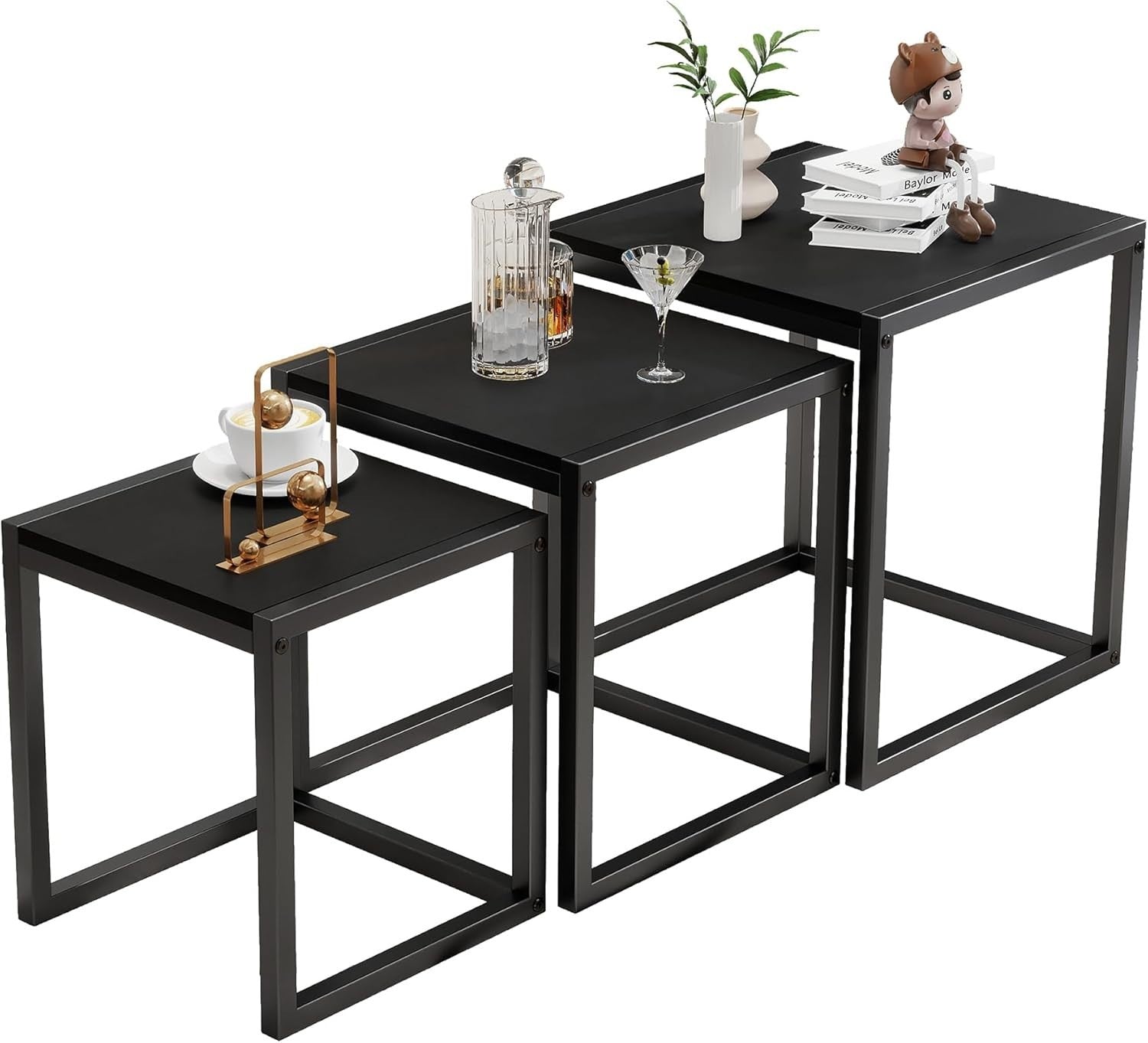 Nesting Coffee Side End Table Set Black Wood Metal Frame Home Living Room Office
