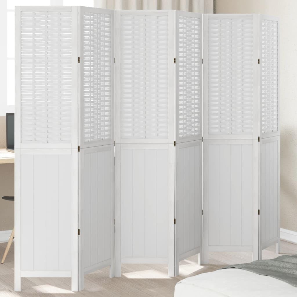 White 6 Panel Folding Room Divider Screen – Solid Wood & Bamboo Privacy Partitio