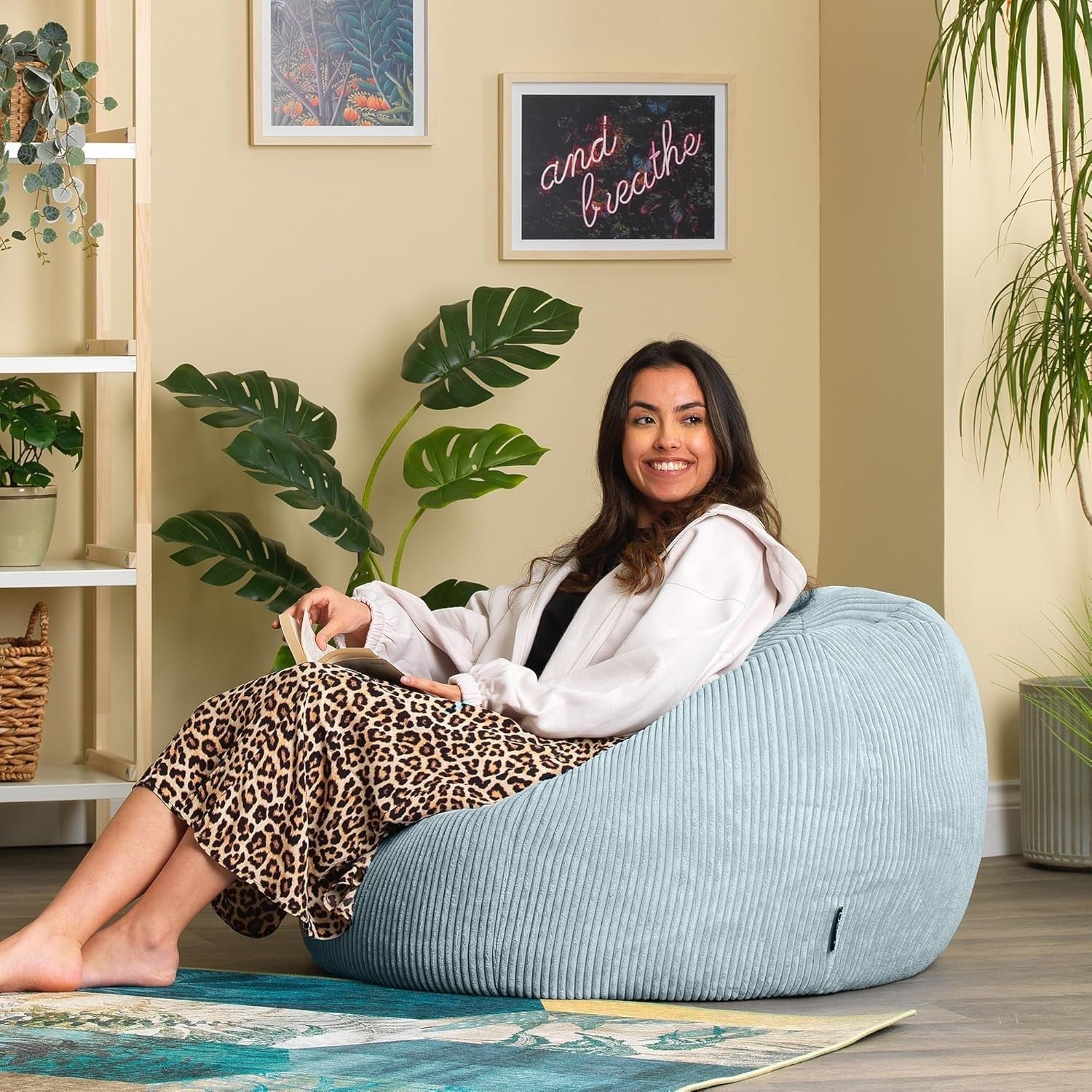2 Ice Blue Cord Bean Bag Chairs Set Adults Lounge Seat Soft Relax Armchair