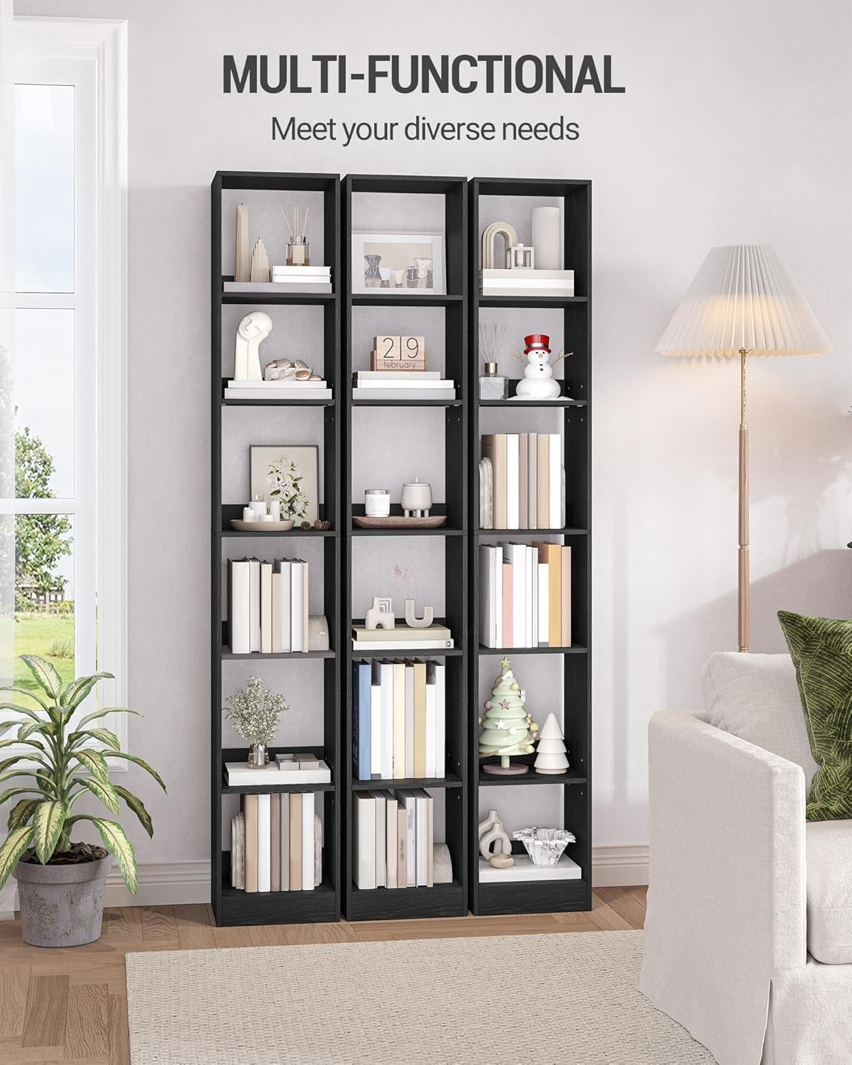 Modern 6-Tier Black Wooden Bookshelf, Adjustable Shelves, 24x30x184 cm