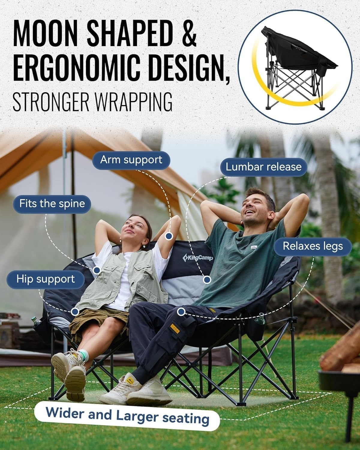 Folding Double Camping Chair Sofa 300kg Padded Armrest Cup Holder