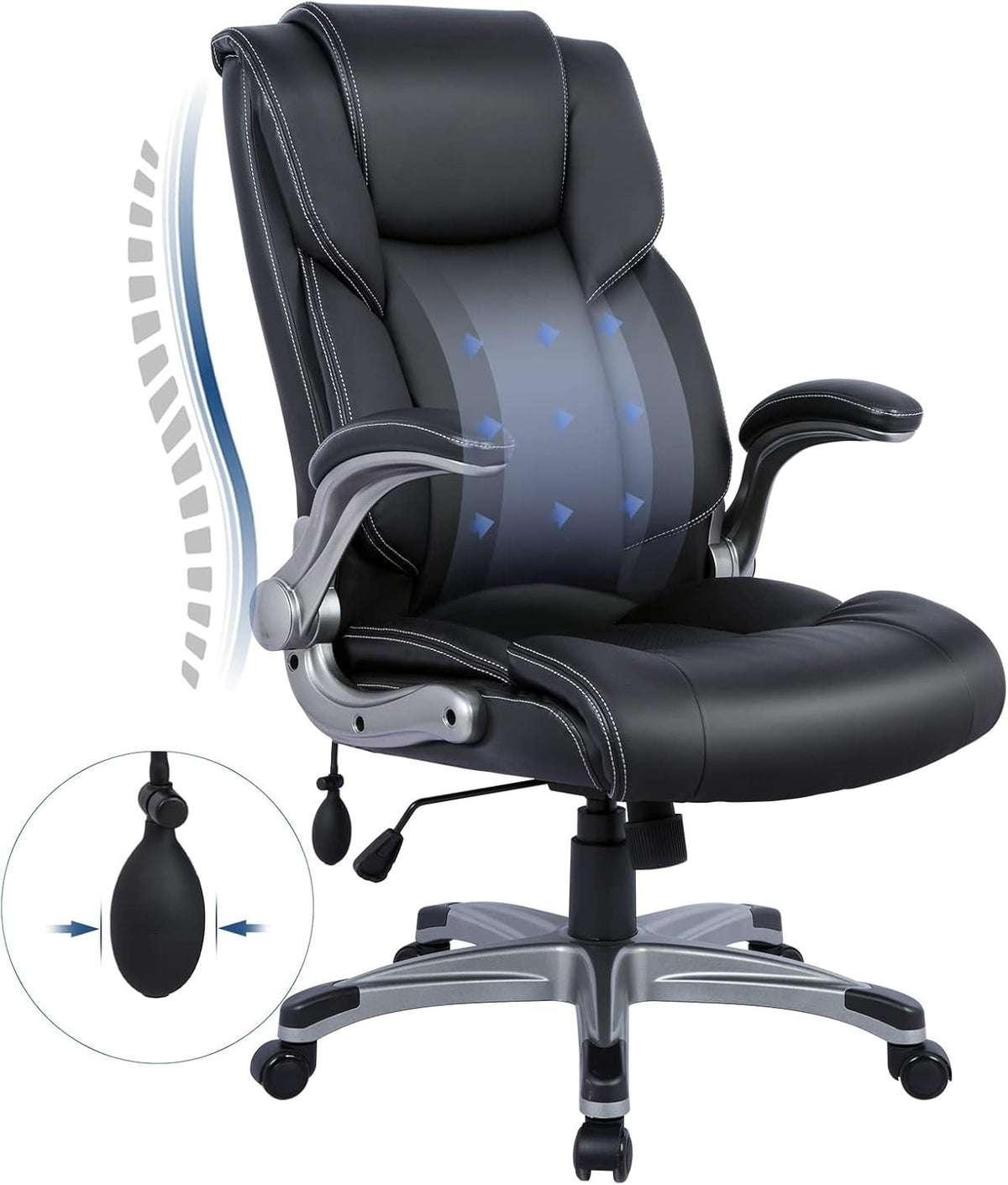Office Chair Black Executive Desk Seat Memory Foam Lumbar Support Flip Up Arms