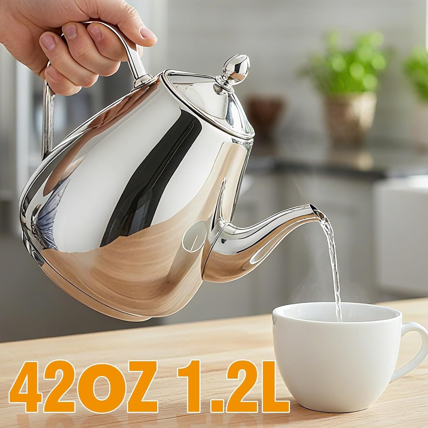 1.2L Stainless Steel Teapot Coffee Pot Silver Easy Pour 4-5 Cups