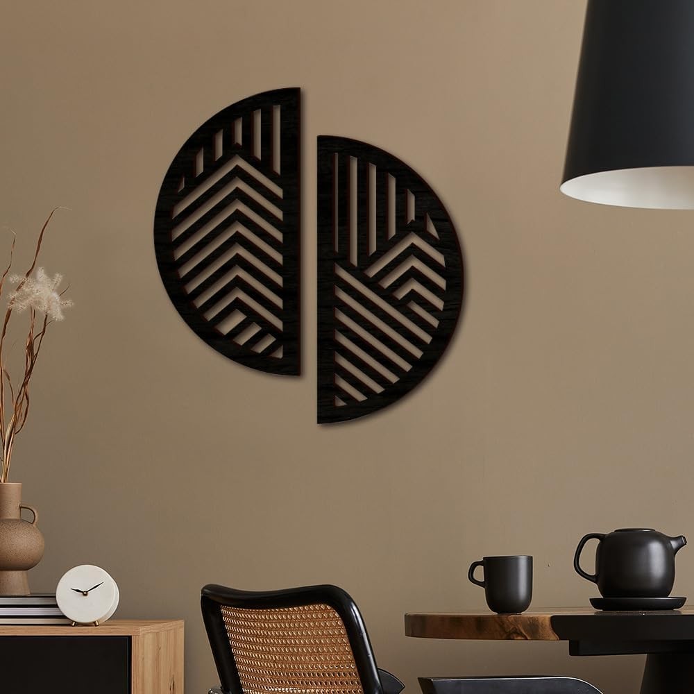 Geometric Black Wood Wall Art Hollow Semi-Circle Panels Modern
