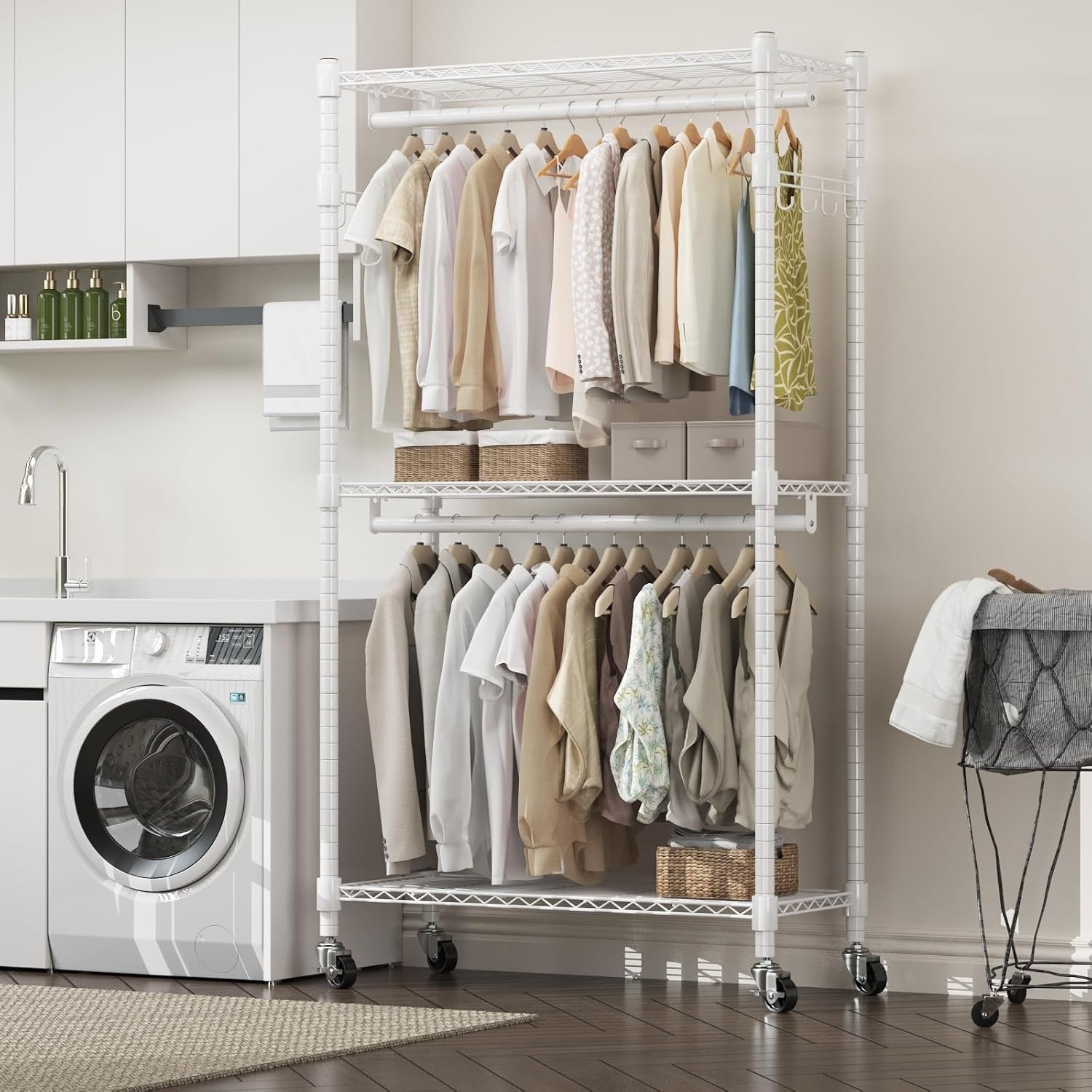 Heavy Duty Clothes Rail with Shelves & Wheels – White 205cm