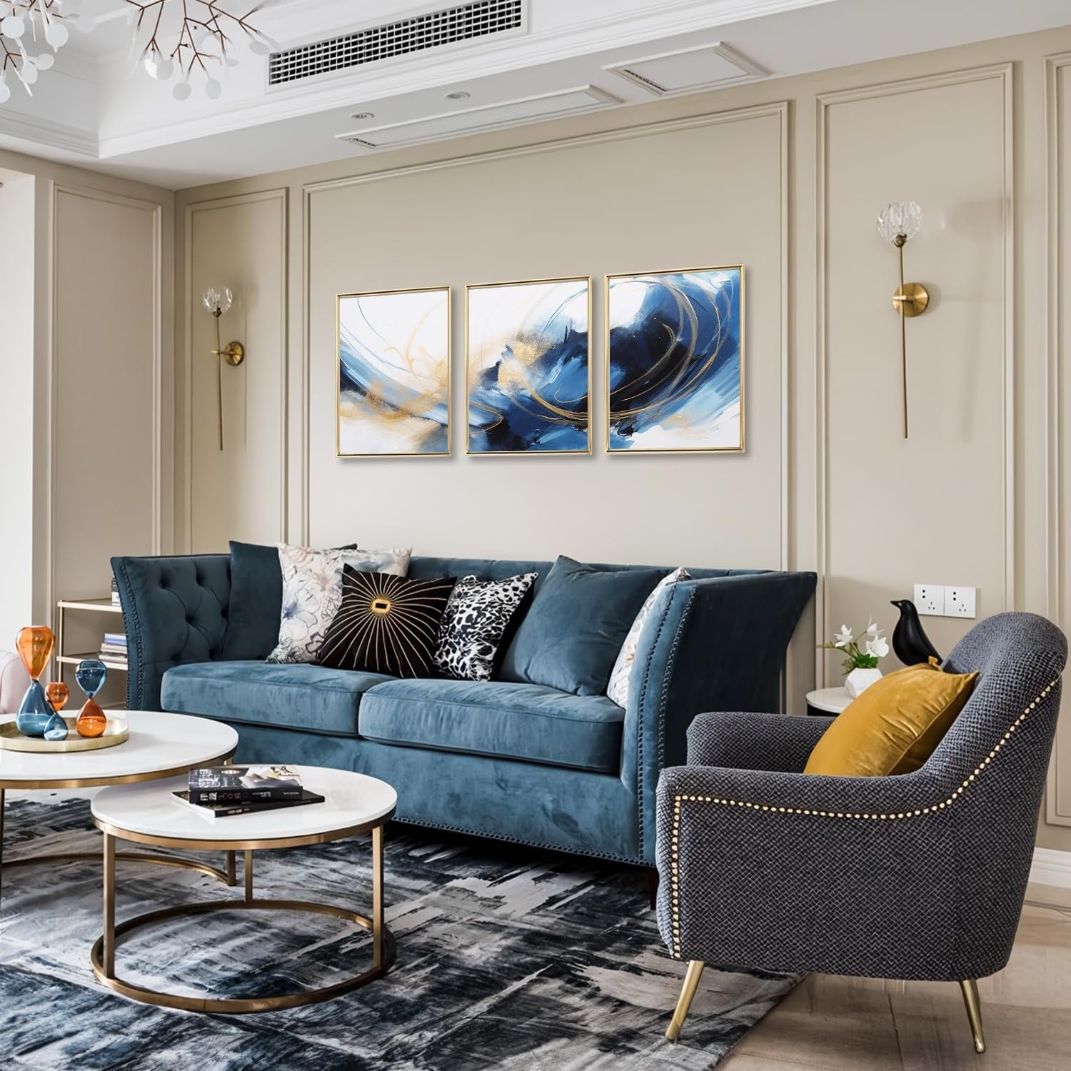 Abstract Blue Gold Wall Art Set Modern Canvas Prints Living Room Bedroom Decor