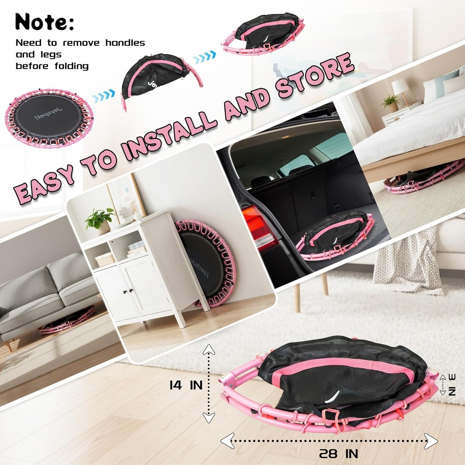 40in Foldable Fitness Trampoline Rebounder Adjustable Handle 450LBS