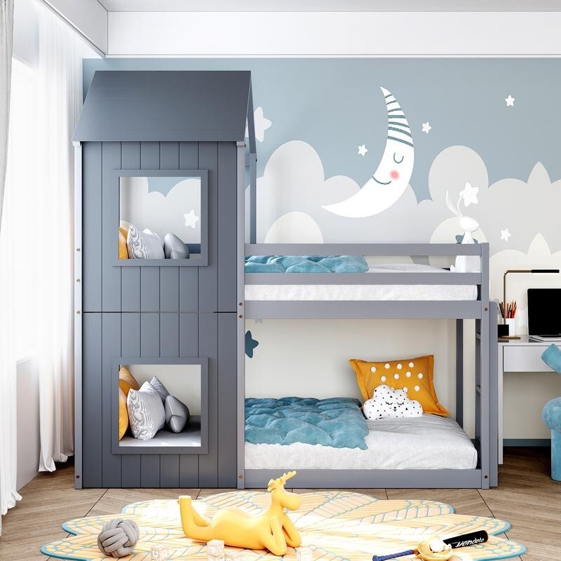 3FT Grey Treehouse Bunk Bed Kids Solid Wood Frame with Canopy Ladder Safety Rail