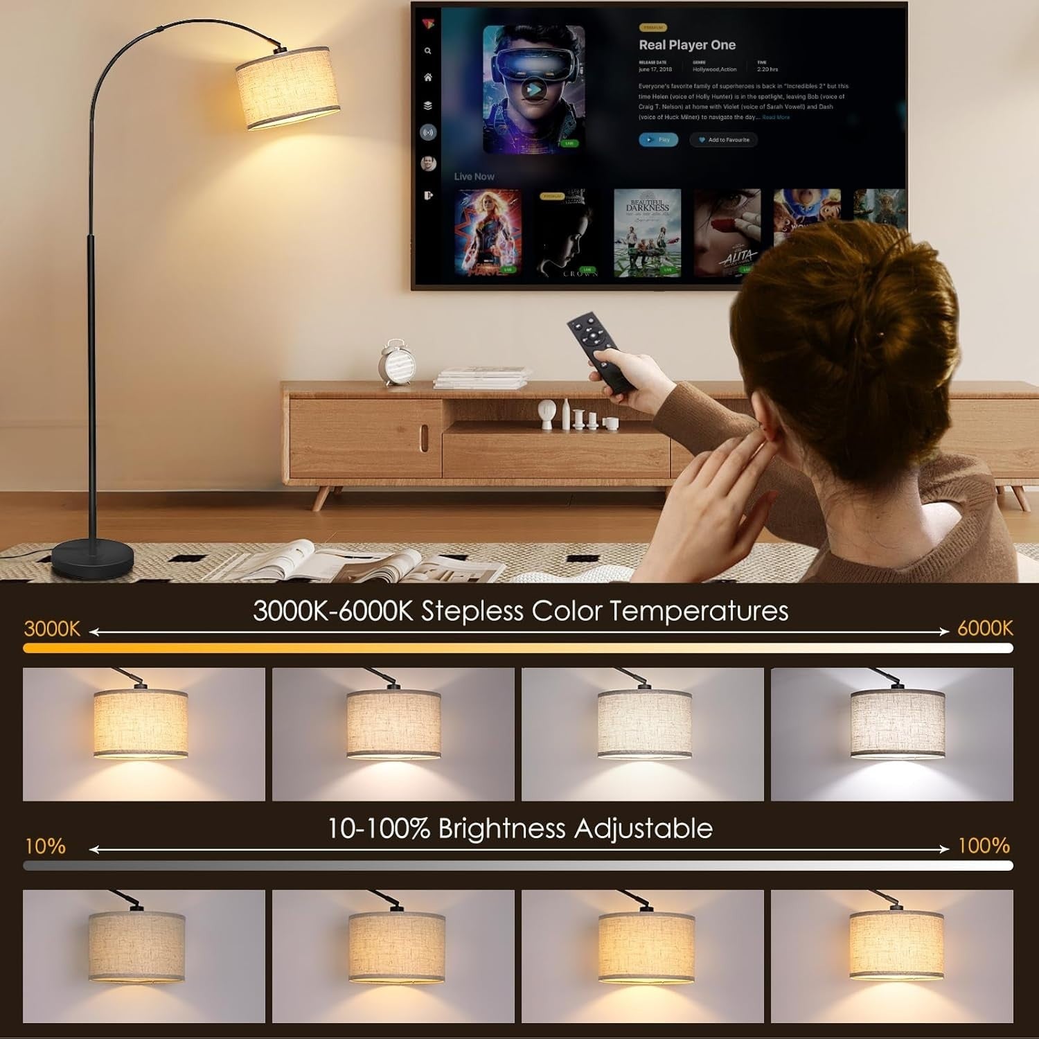 Modern Arc Floor Lamp with Remote & Foot Switch | Dimmable LED Reading Light