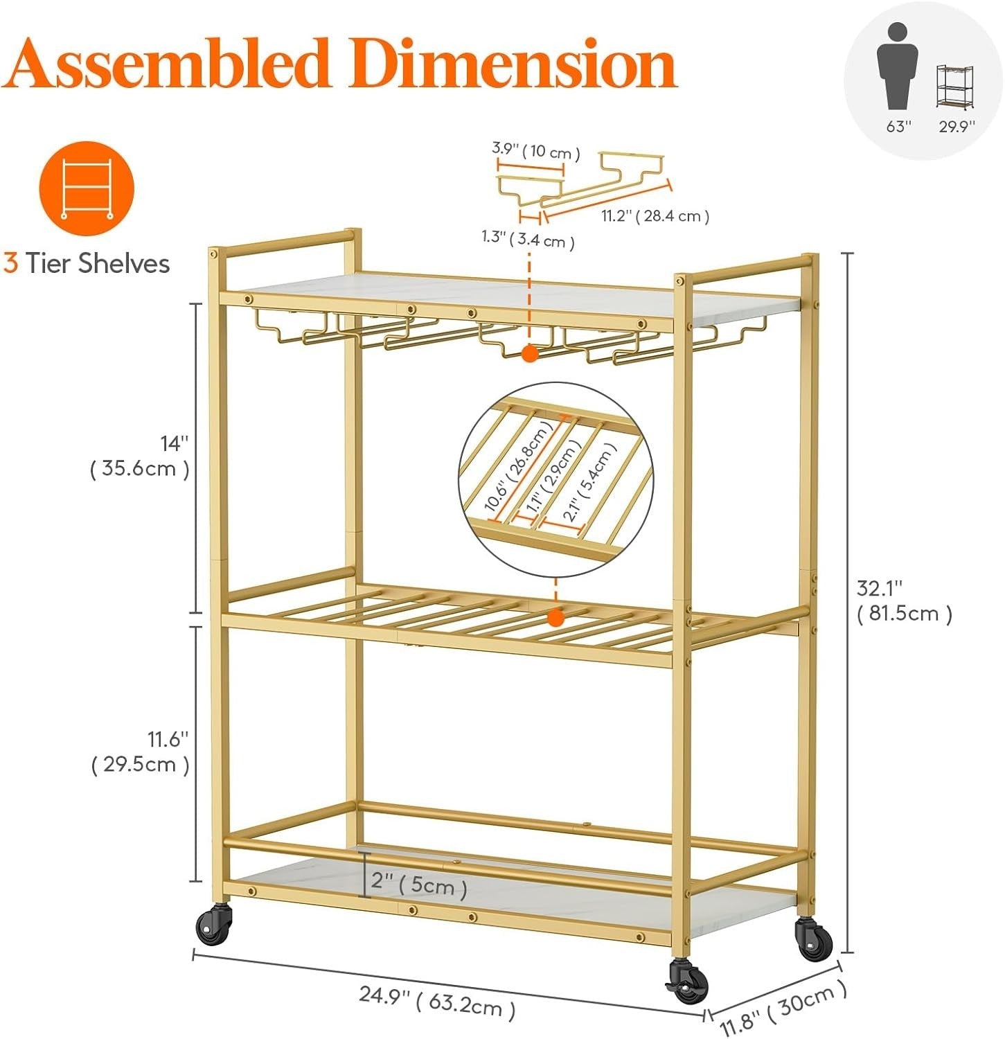Gold 3 Tier Bar Cart with Wine Rack & Glass Holder | Drinks Trolley on Wheels