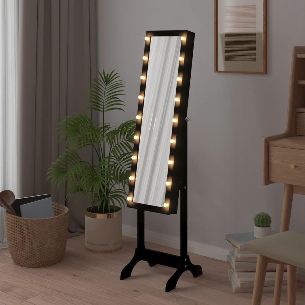 LED Standing Mirror Jewelry Cabinet Tilt Adjustable Storage Armoire Black