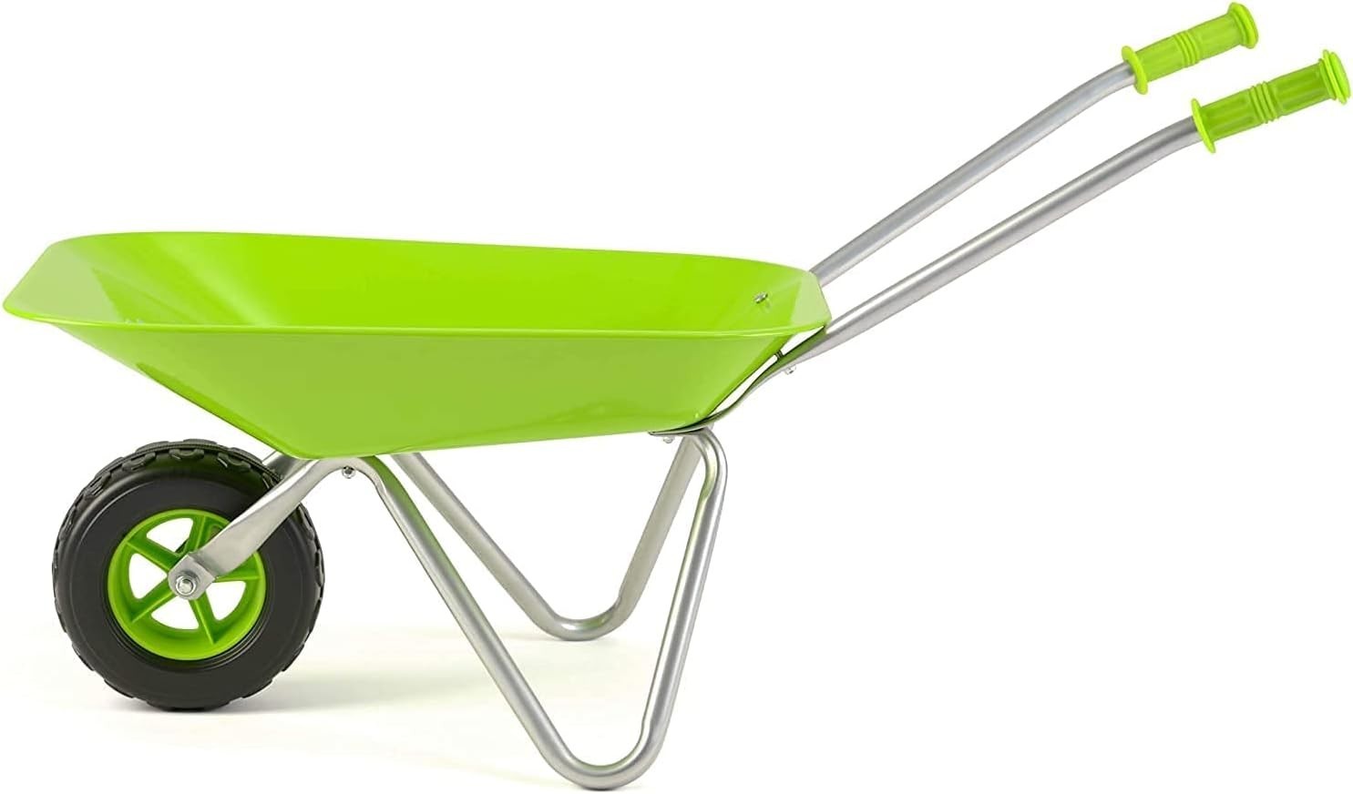 Kids Green Metal Wheelbarrow –Easy Assemble Durable Toy Garden Tool for Children