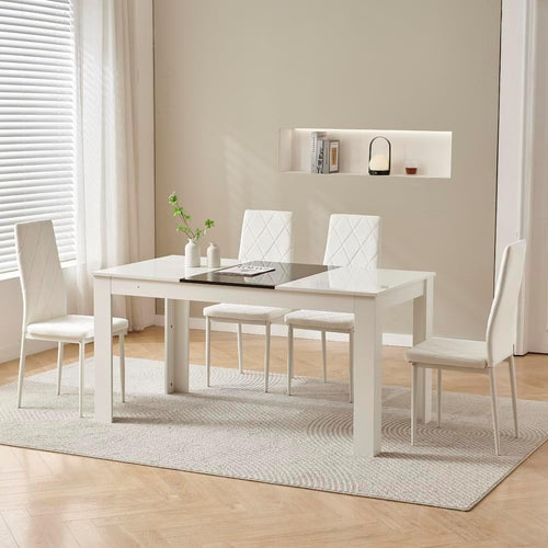 White 4-Seater Dining Table Set with Velvet Chairs | Compact & Modern