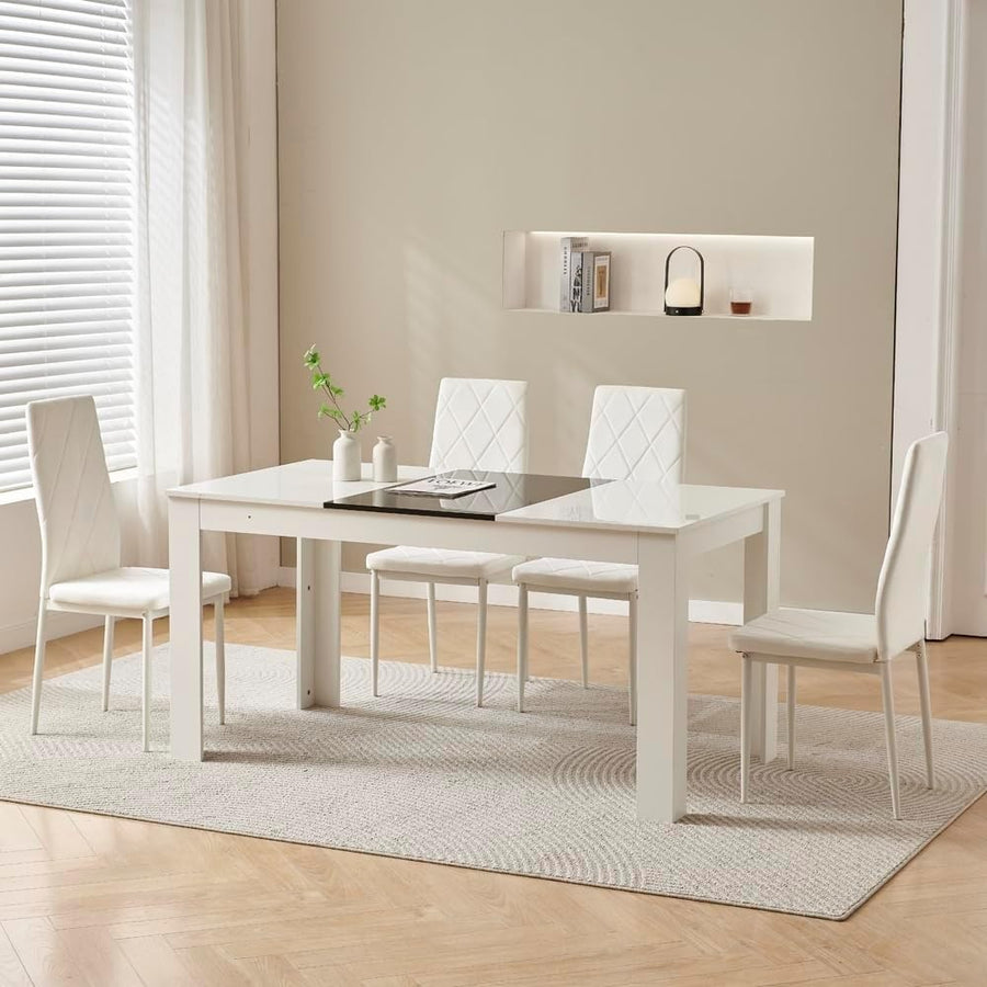 White 4-Seater Dining Table Set with Velvet Chairs | Compact & Modern