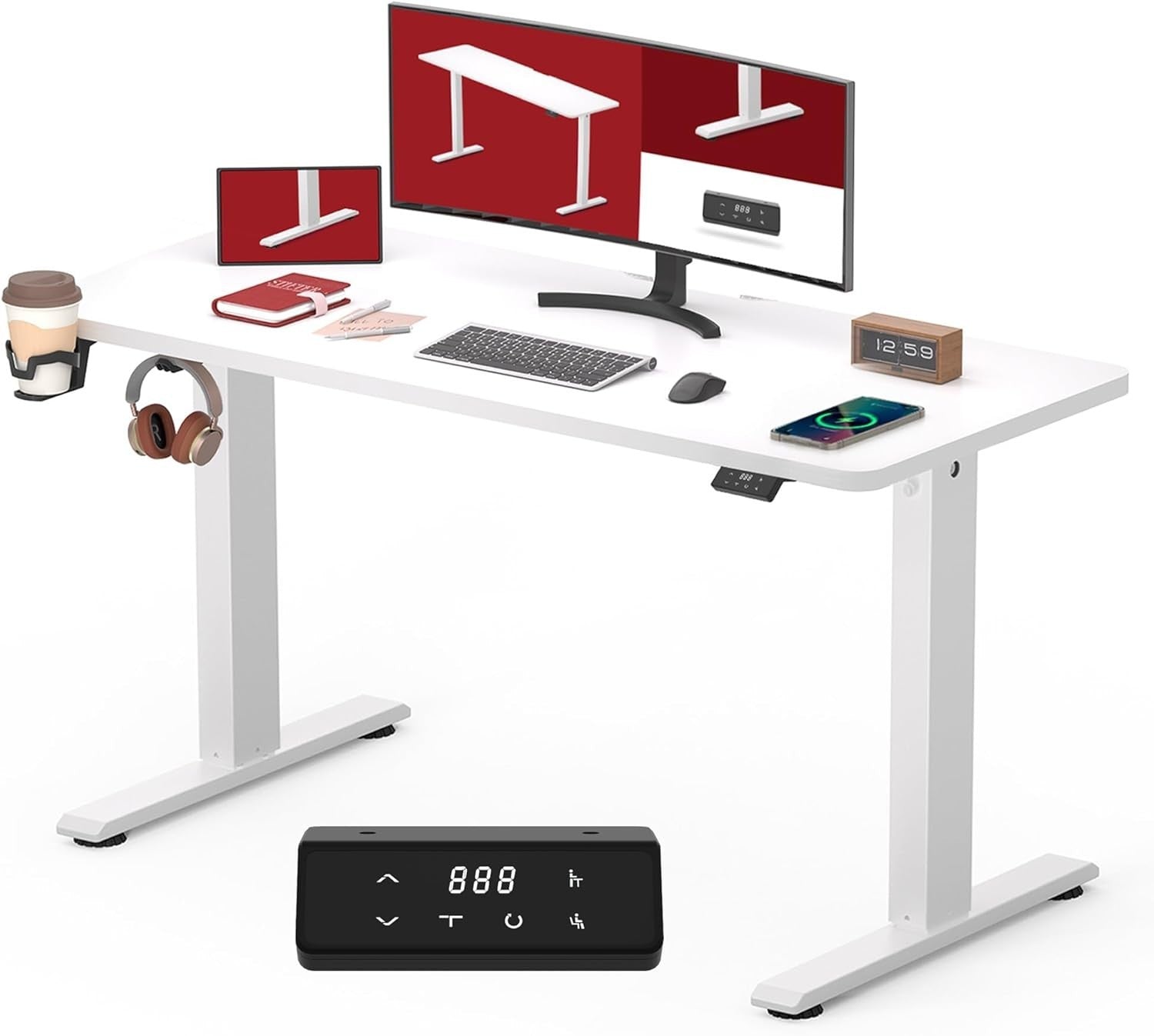 White Electric Standing Desk 110x60cm with USB & Memory Panel Home Office