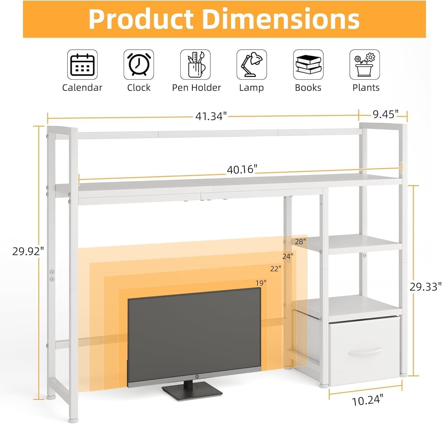 White Desk Hutch Shelf 41.3" 3-Tier Desktop Organizer with Drawer for Monitor