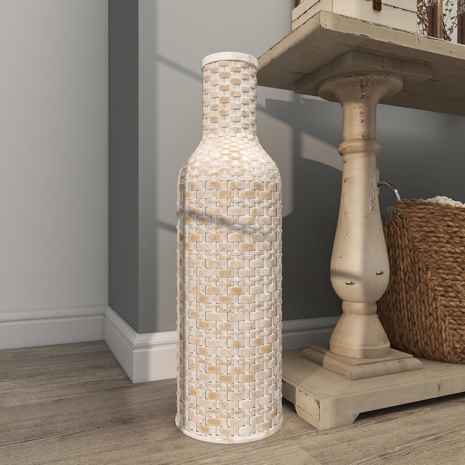 Tall Bamboo Floor Vase White Woven Cylinder Modern Home Decor 76cm