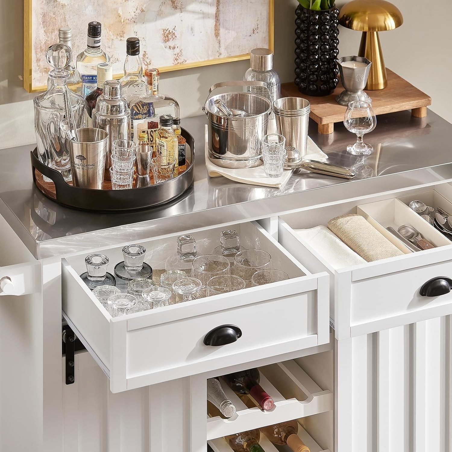 Kitchen Island Trolley Stainless Steel Top Storage Cabinet Wine Rack