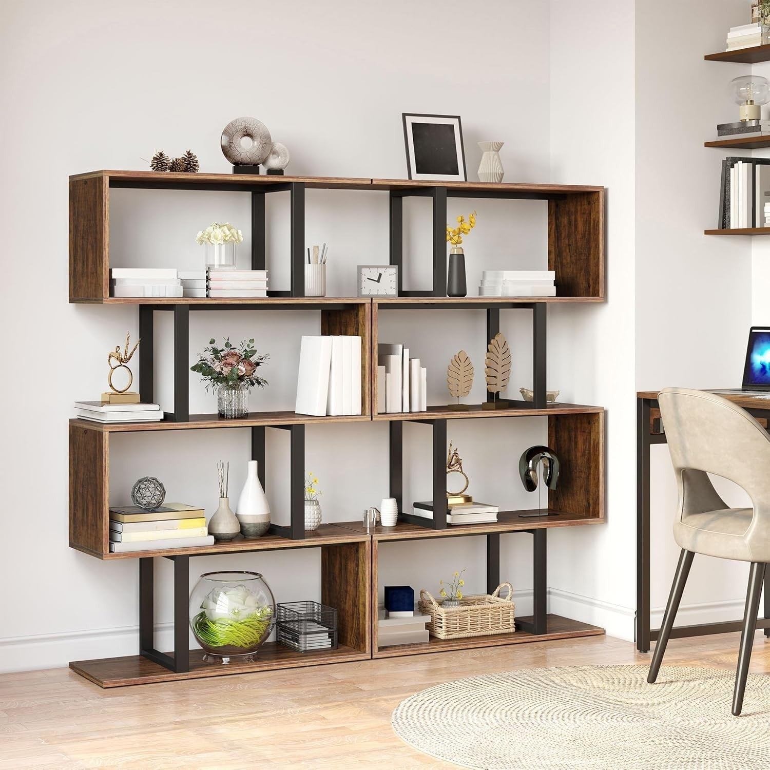 5 Tier S Shaped Bookcase Brown Metal Frame Modern Freestanding Display Shelf