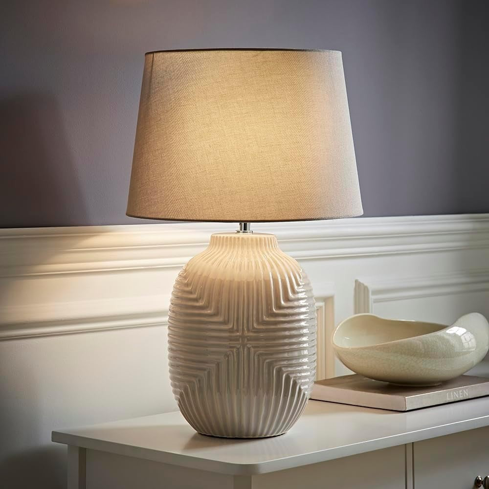 Large Grey Table Lamp Geometric Ribbed Glass Linen Shade 56cm