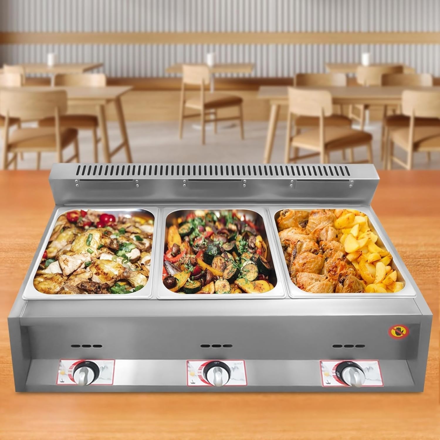 Commercial Gas Food Warmer Bain Marie 3 Pan LPG Countertop