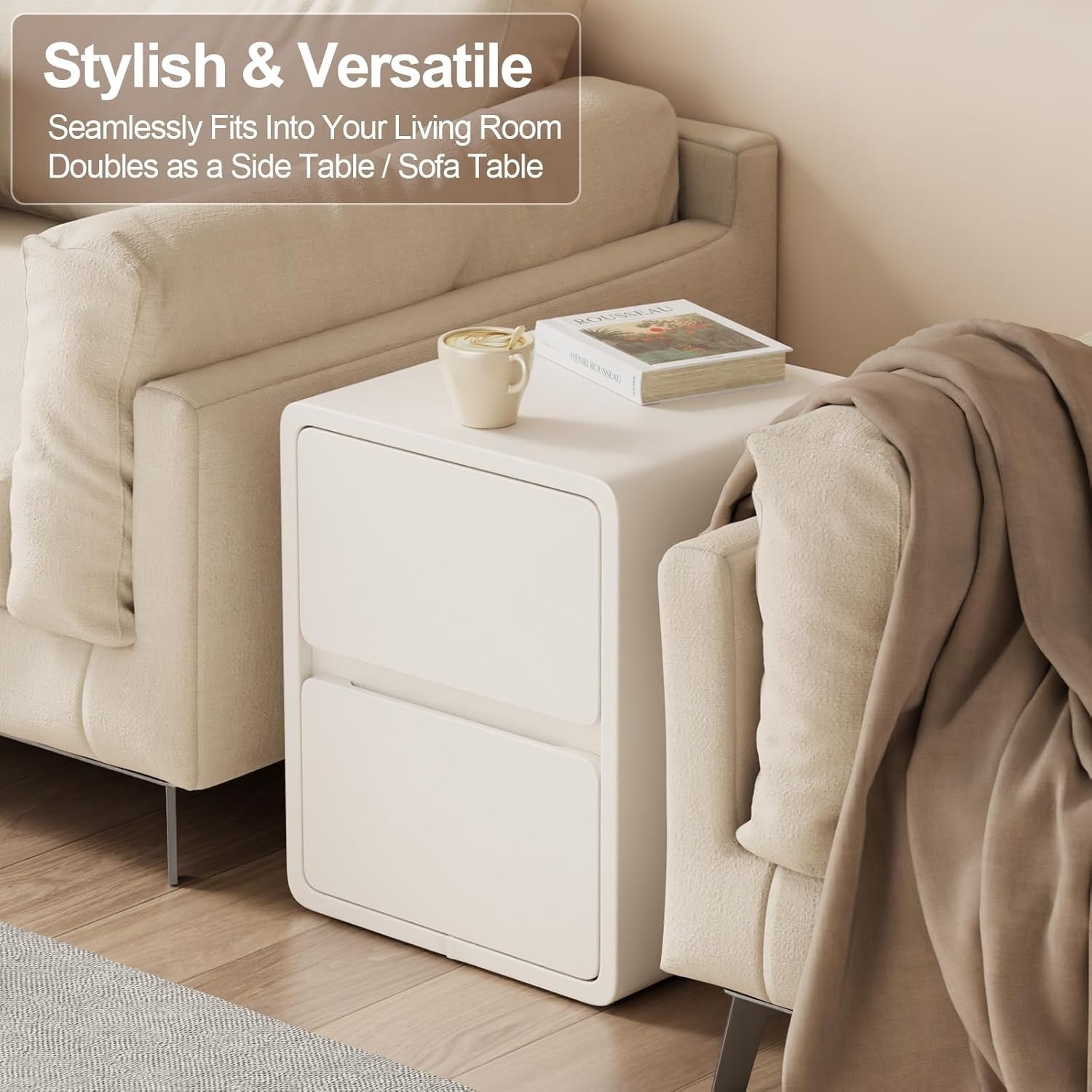 Wide White Bedside Table with 2 Drawers, Modern Leather-Finish