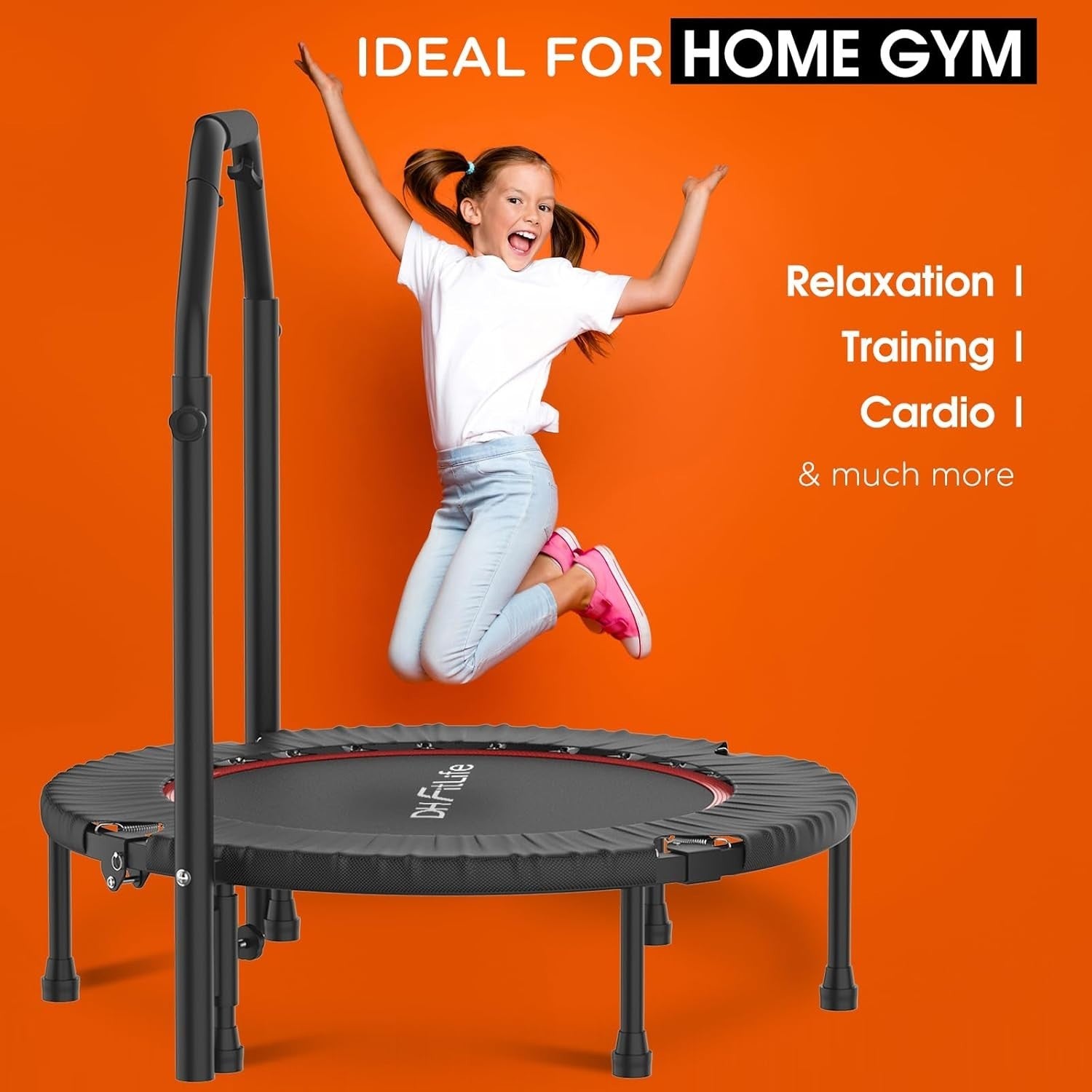 40” Foldable Fitness Trampoline Indoor Rebounder w Adjustable Handle 150KG