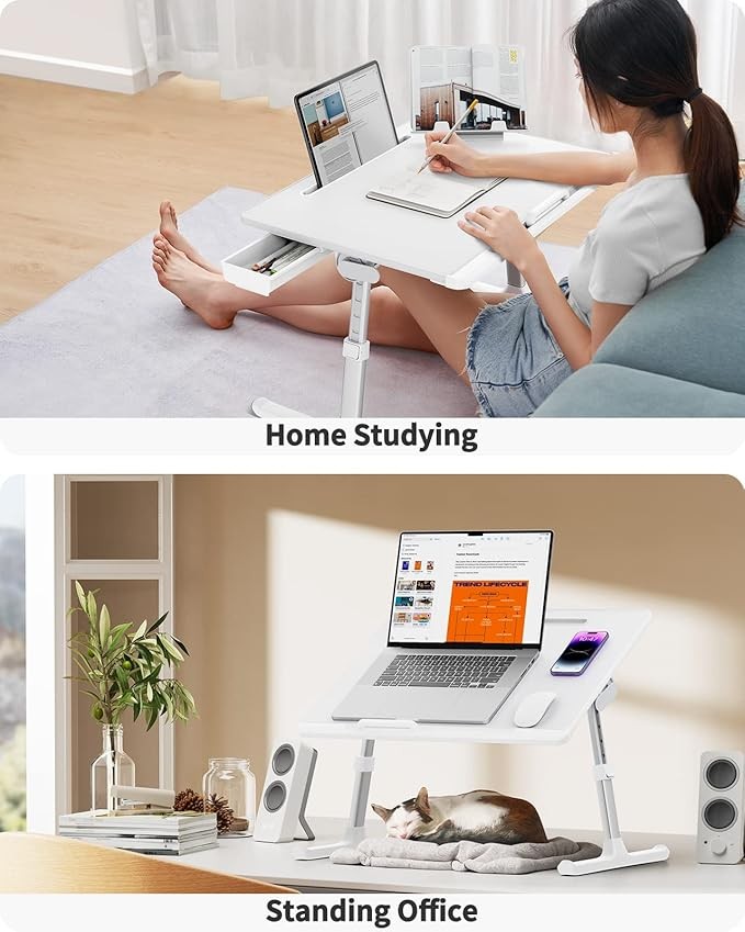 Adjustable Laptop Bed Tray Desk XL with Drawer Book Stand Foldable White