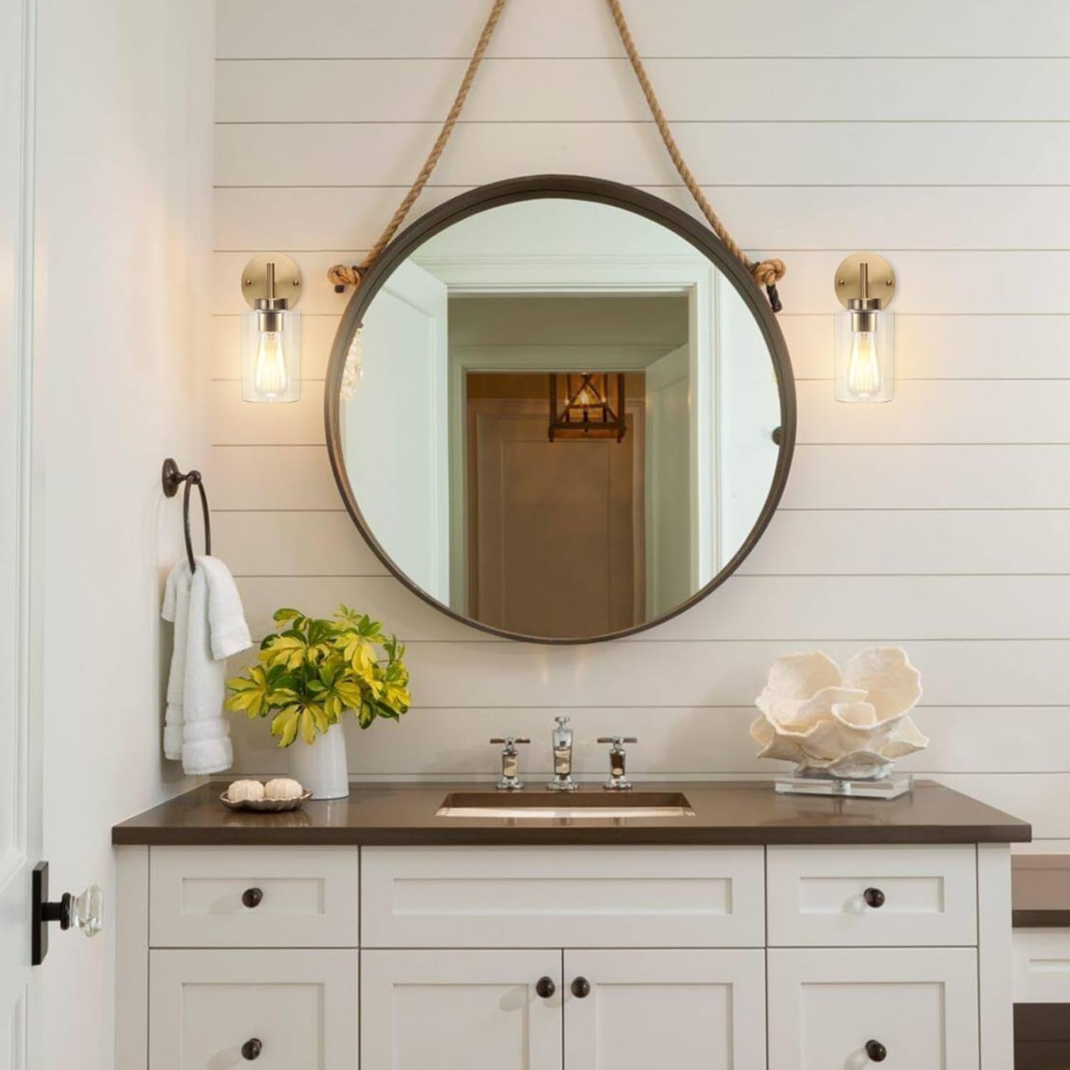 Vintage Gold Wall Lights 2-Pack with Glass Shade | Dimmable Bedroom & Bathroom