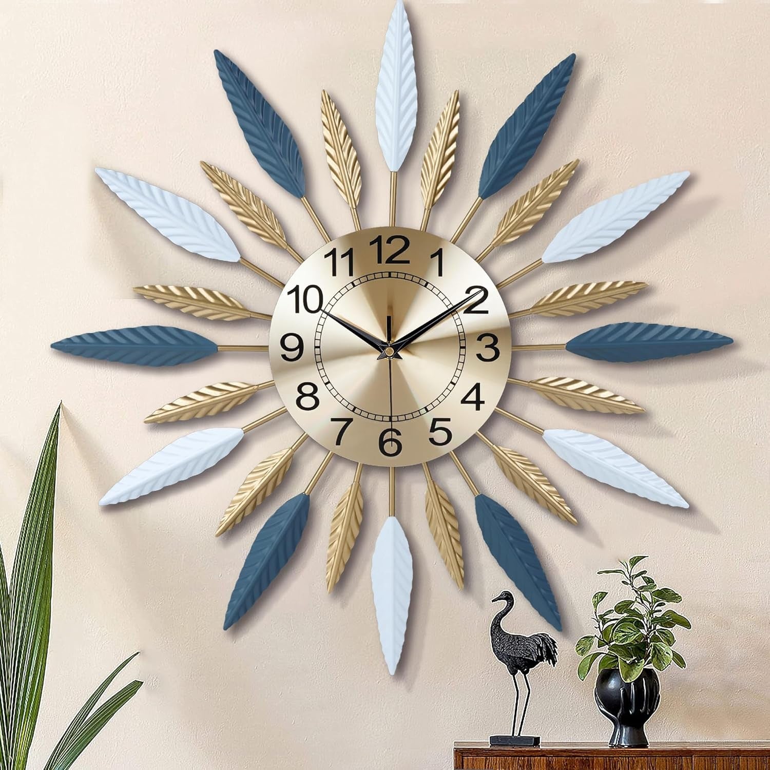 56cm Large Sunburst Wall Clock Blue Gold Metal Modern Silent Decorative Art